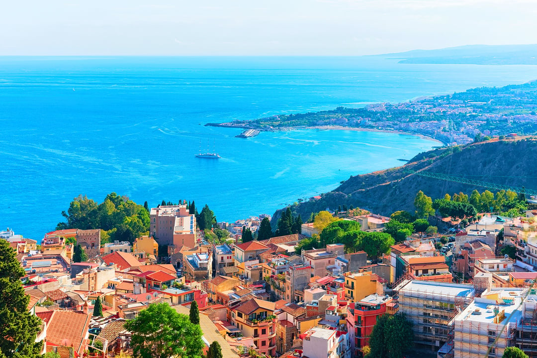 Cityscape of Taormina and Mediterranean Sea Sicily